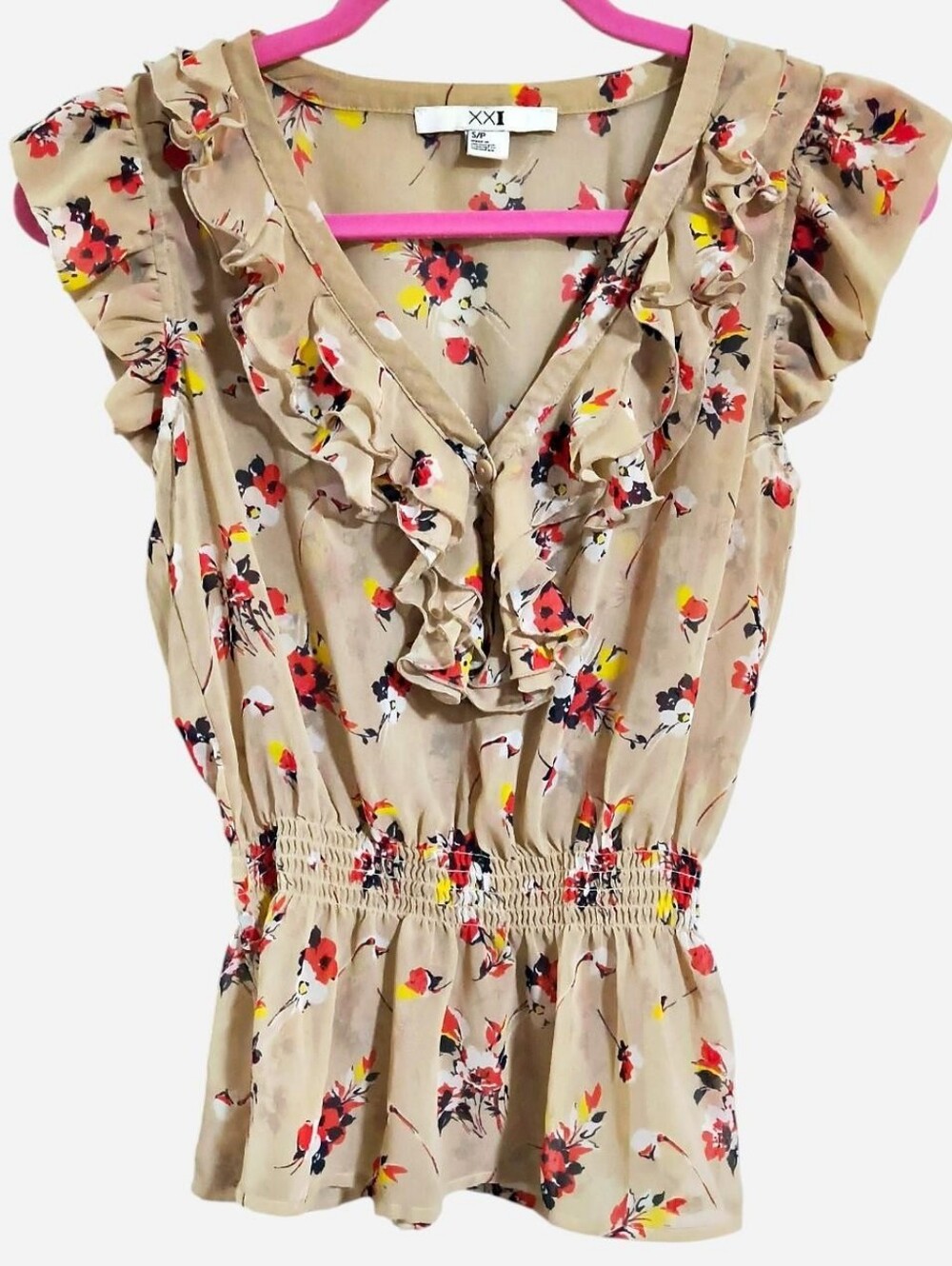 Forever 21 Floral mesh blouse with ruffles and pink trim